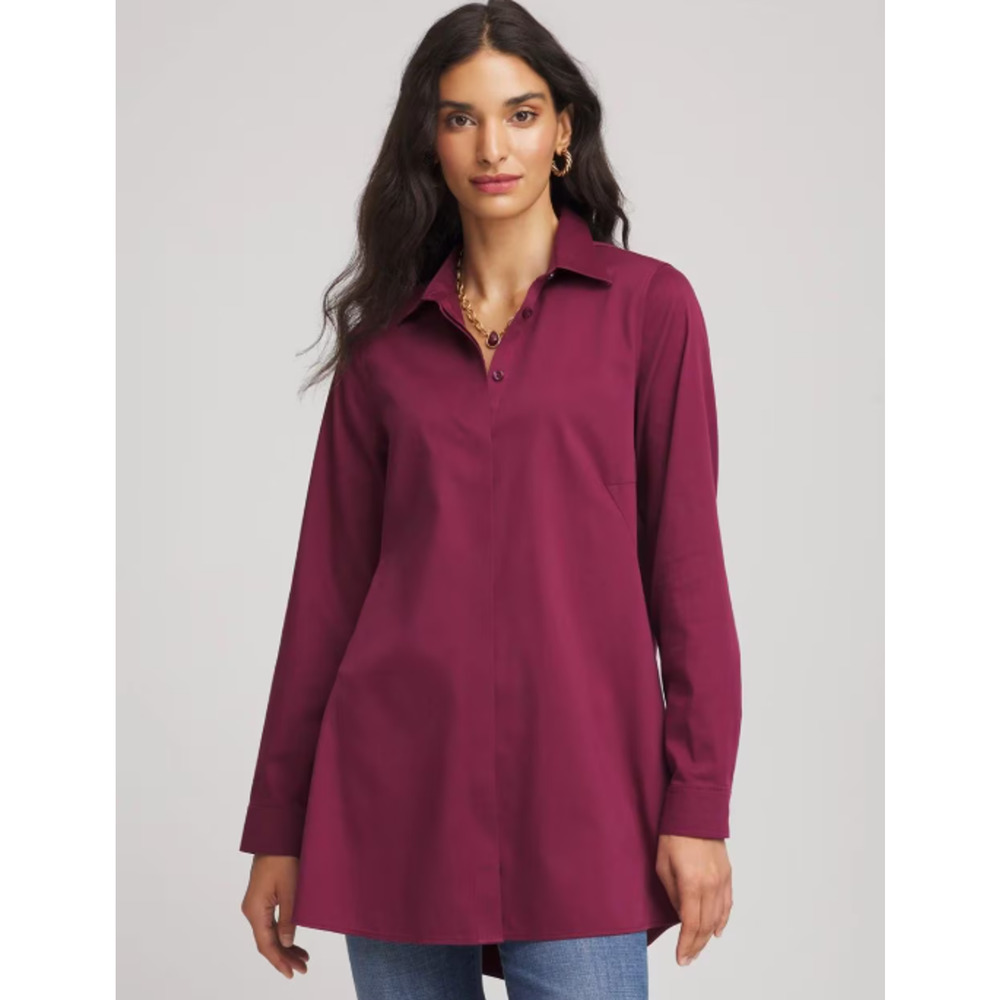Chicos No-Iron Button Front Tunic Womens 18 Purple Pockets Relaxed Cotton Top
